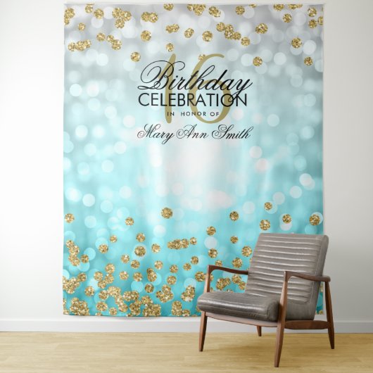 Tenture Backdrop Sweet 16 Turquoise Ombre Gold Lights Conf (En situation)