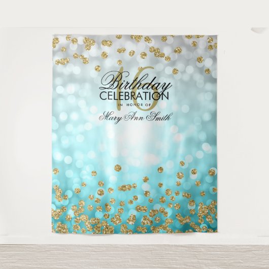 Tenture Backdrop Sweet 16 Turquoise Ombre Gold Lights Conf (Devant)