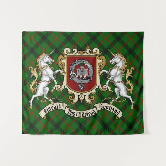 Tenture Badge de clan Kincaid et licornes avec Tartan (Devant (Horizontal))
