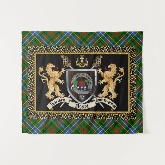 Tenture Badge et devise du clan Bisset avec Lions (Devant (Horizontal))