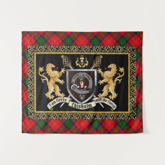 Tenture Badge et devise du clan Chisholm avec Lions (Devant (Horizontal))