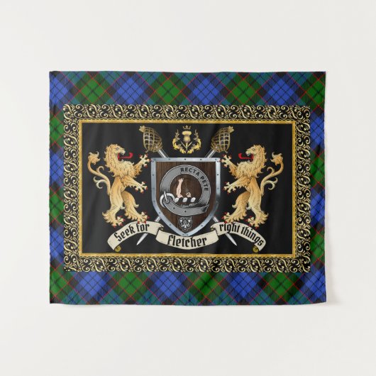 Tenture Badge et devise du clan Fletcher avec Lions (Devant (Horizontal))