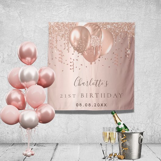 Tenture Ballons de glitter or rose pour anniversaire monog