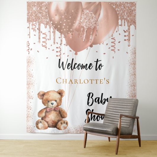 Tenture Ballons d'or rose ours en peluche baby shower bien (En situation)