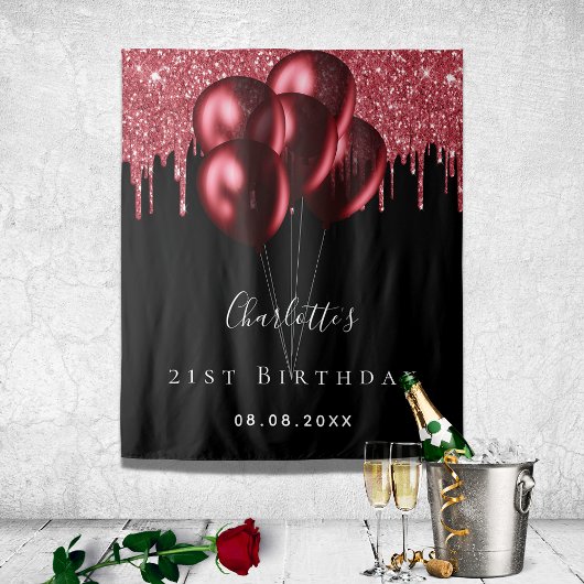 Tenture Ballons nom paillettes noir rouge anniversaire