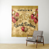 Tenture Ballons Pailletés Rouge Or Sweet 16 (En situation)