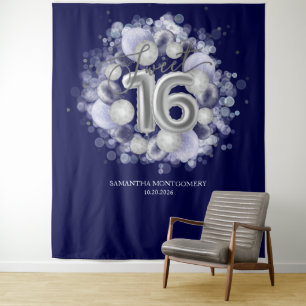 Tenture Balloons Argent Sweet 16 Anniversaire Fond Royal B