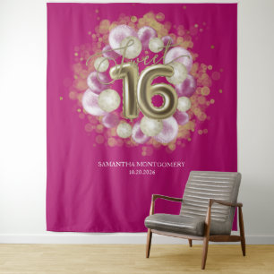 Tenture Balloons de fête de 16 ans Sweet 16 Gold Fond Rose