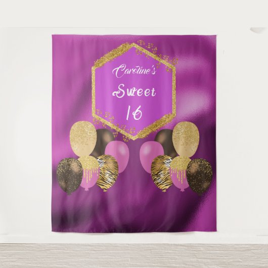 Tenture Balloons de fête rose et paillettes Sweet 16 (Devant)