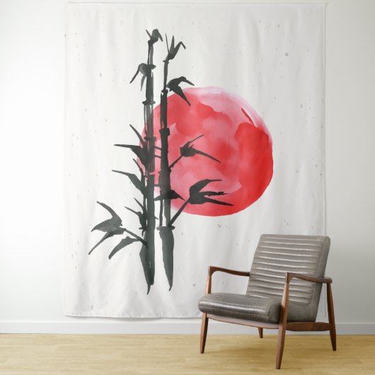 Tenture Bambou devant un soleil rouge (En situation)