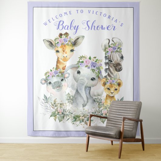 Tenture Bandeau de fond XL pour Baby Shower Purple Safari (En situation)