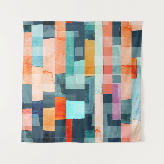 Tenture Bandes géométriques multicolores, motif tendance. (Devant)