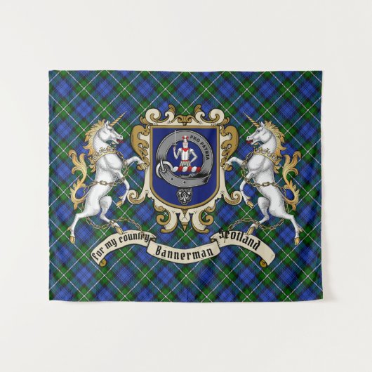Tenture Bannerman Clan Badge & Unicorns avec Tartan (Devant (Horizontal))