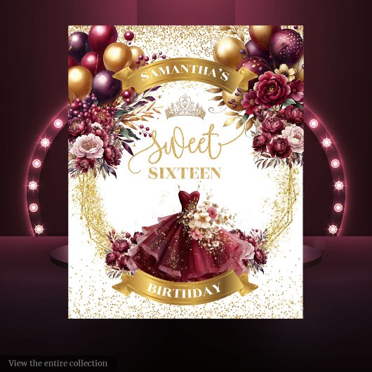 Tenture Bannière Burgundy Gold Sweet 16 avec ballons à Par