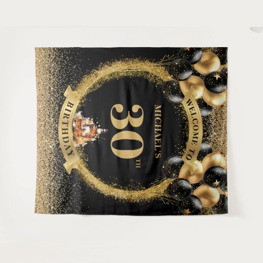 Tenture Bannière Chic 30th Man Birthday Whiskey Photo Part (Devant (Horizontal))