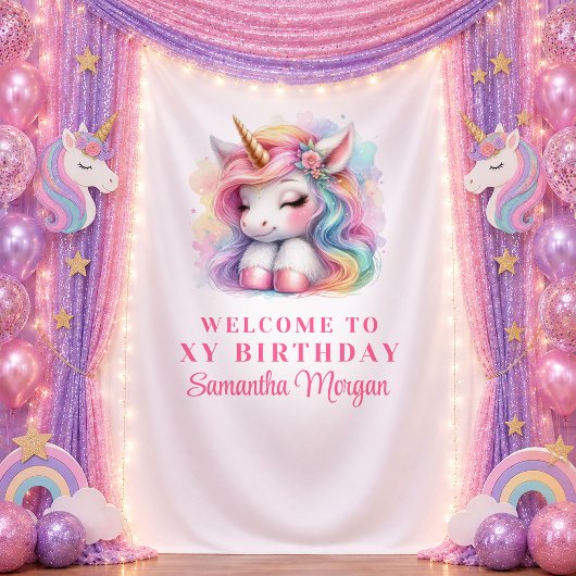 Tenture Bannière d'anniversaire de fille licorne rose fant