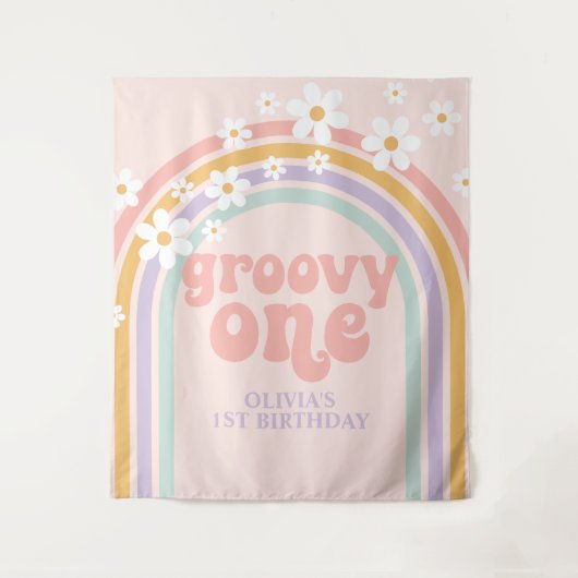 Tenture Bannière de 1er anniversaire Groovy One Pastel arc (Devant)