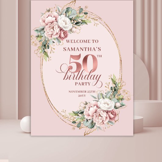 Tenture Bannière de 50e anniversaire à feuillage doré rose