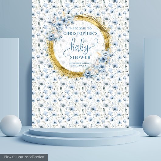 Tenture Bannière de Baby Shower Fleurs Bleu Pâle et Or Dou