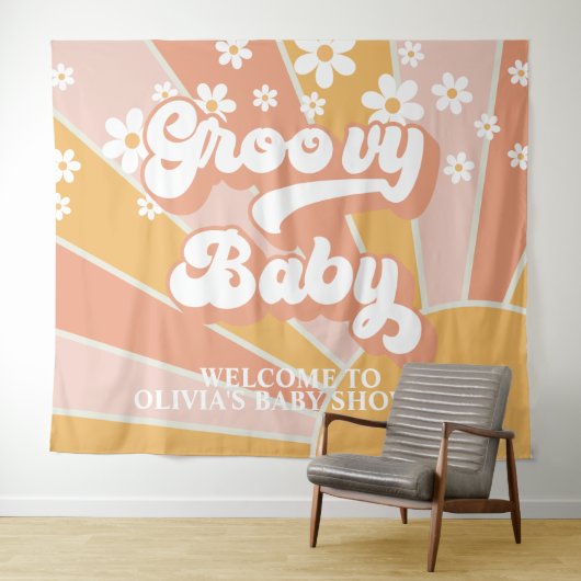 Tenture Bannière de Baby Shower Groovy Baby Retro Sunshine (En situation (horizontale))