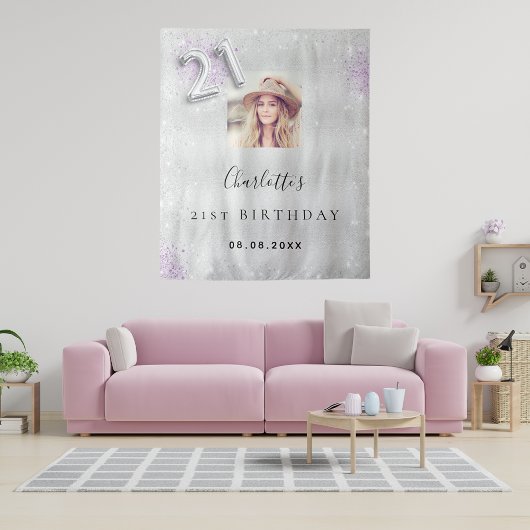 Tenture Bannière de bienvenue argent et violet pour un 21e