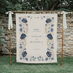 Tenture Bannière de bienvenue de mariage à fleurs bleu mar