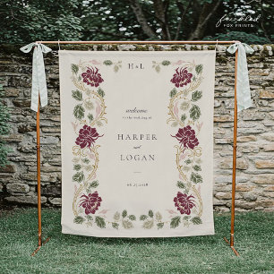 Tenture Bannière de bienvenue de mariage floral bordeaux