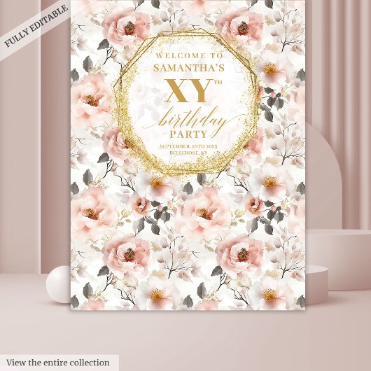 Tenture Bannière de fête d'anniversaire à fleurs rose pous