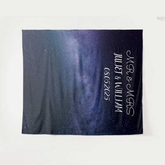 Tenture Bannière de fond de mariage M & Mme écriture bleu  (Devant (Horizontal))