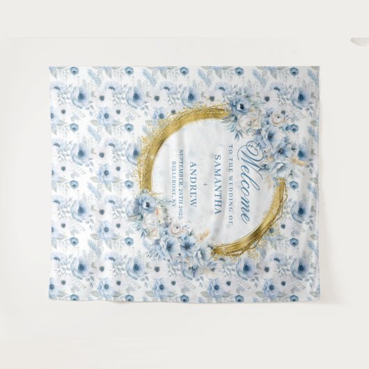 Tenture Bannière de mariage classique aquarelle bleu pouss (Devant (Horizontal))