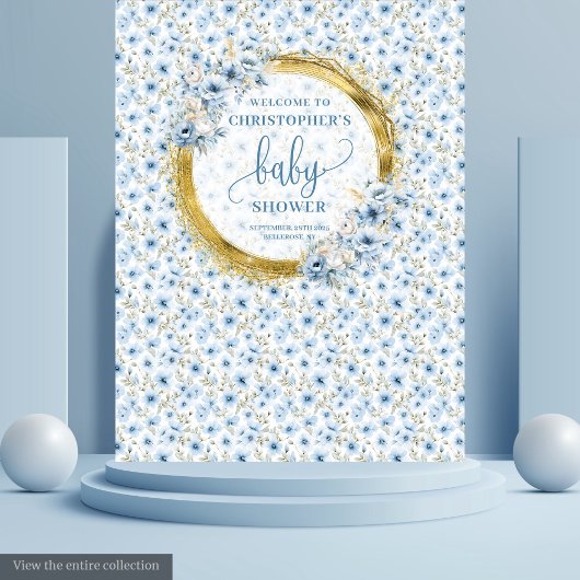 Tenture Bannière élégante de shower de bébé à fleurs bleue