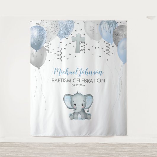 Tenture Baptême à l'aquarelle Ballons Éléphant (Devant)