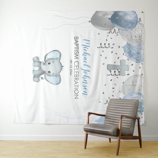 Tenture Baptême aquarelle éléphants ballons (En situation (horizontale))