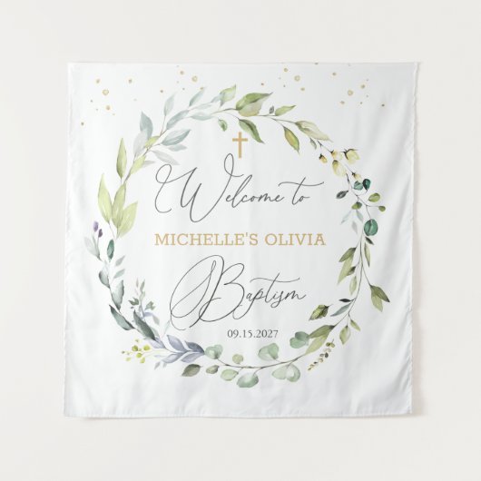 Tenture Baptême Bébé Eucalyptus Herbal Croix  (Devant)