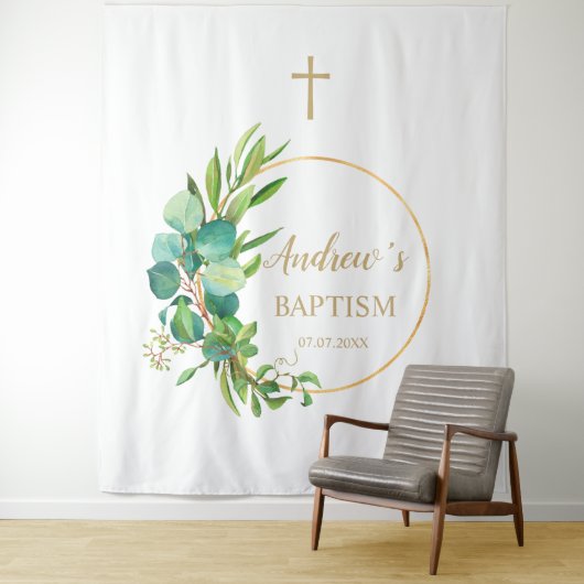 Tenture Baptême Boy Backdrop - Eucalyptus Green (En situation)