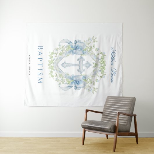 Tenture Baptême Croix Crest Verdure Baby Boy (En situation (horizontale))