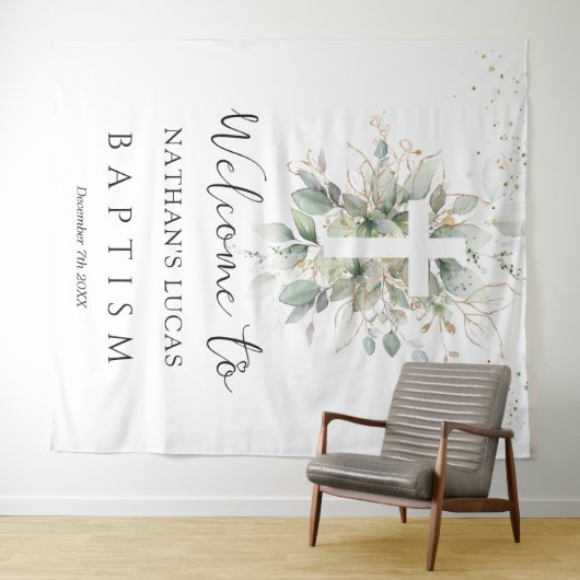 Tenture Baptême de bébé avec croix de verdure  (En situation (horizontale))