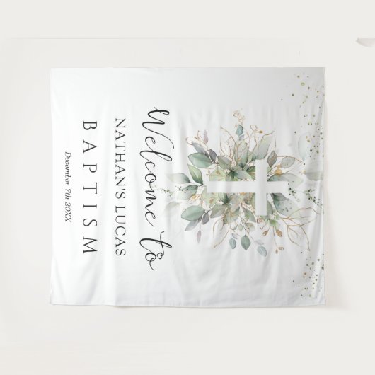 Tenture Baptême de bébé avec croix de verdure  (Devant (Horizontal))