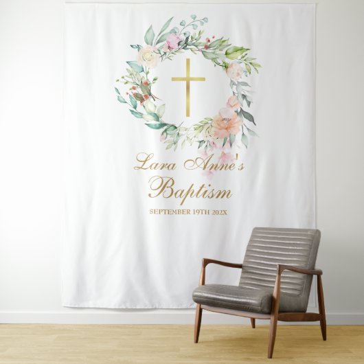 Tenture Baptême Décoration Florale en Guirlande Photobooth (En situation)