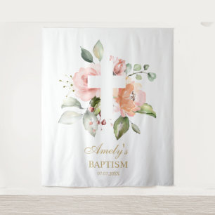 Tenture Baptême Girl Backdrop - Blush Pink Flowers Cross