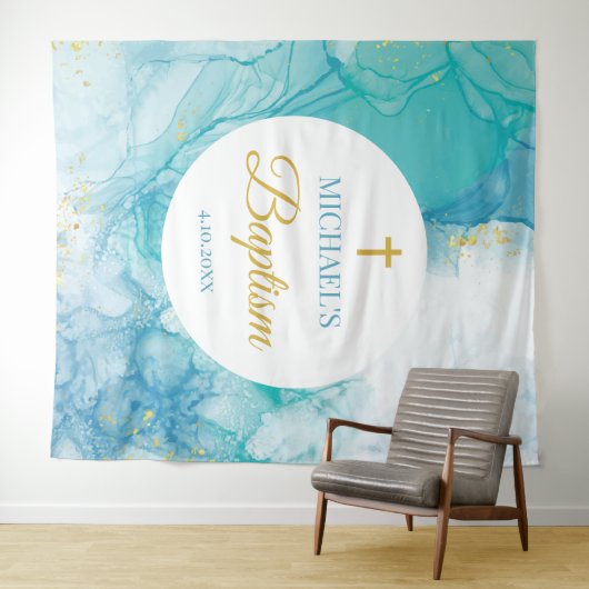 Tenture Baptism Marble blue mint modern backdrop (En situation (horizontale))