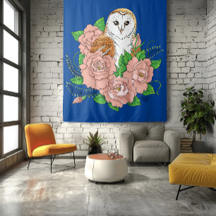 Tenture Barne Chouette Fleurs roses Bleu