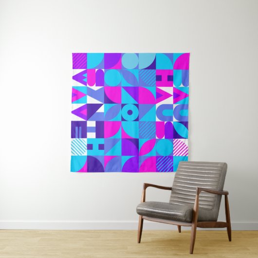 Tenture Bauhaus Synthwave #4 (rose-bleu) — affiche abstrai (En situation (horizontale))