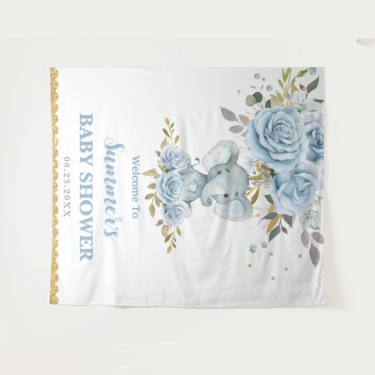 Tenture Bébé Bleu Floral Éléphant Mignon Garçon Baby Showe (Devant (Horizontal))