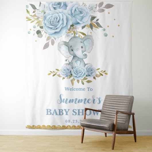 Tenture Bébé Bleu Floral Éléphant Mignon Garçon Baby Showe (En situation)