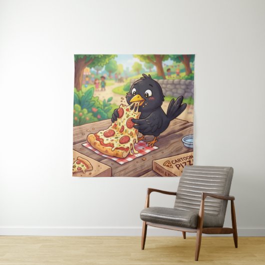 Tenture Bébé Corbeau Noir de Dessin Animé Mangeant une Piz (En situation)