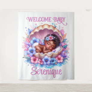Tenture Bébé dormant fille en coquillages Pastel Floral
