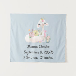 Tenture Bébé lama avec fleurs blanches et bleues bébé garç