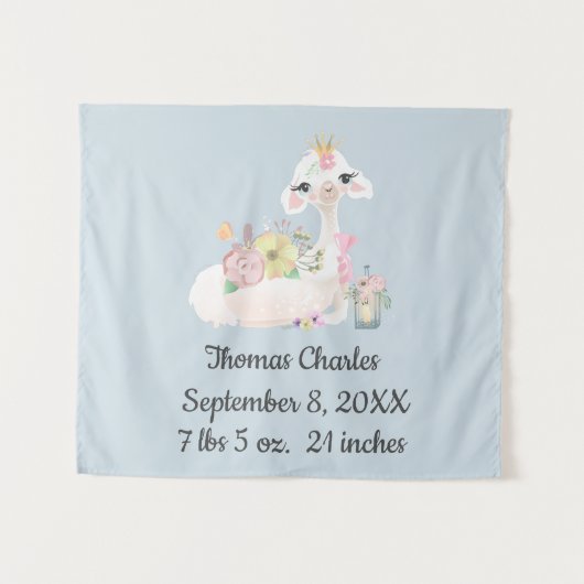 Tenture Bébé lama avec fleurs blanches et bleues bébé garç (Devant (Horizontal))