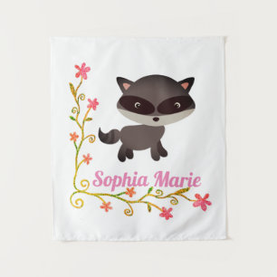 Tenture Bébé mignon Raccoon avec fleurs